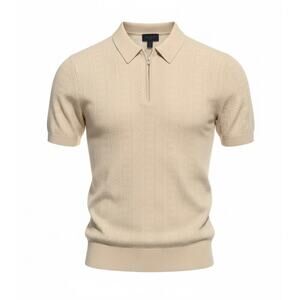 Magaschoni Men Cream Short Sleeve Knit Textured Polo Small Preppy Quiet Luxury